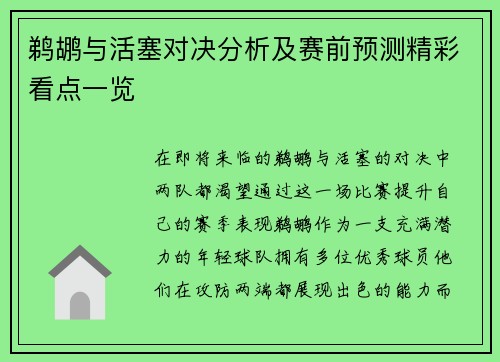 鹈鹕与活塞对决分析及赛前预测精彩看点一览